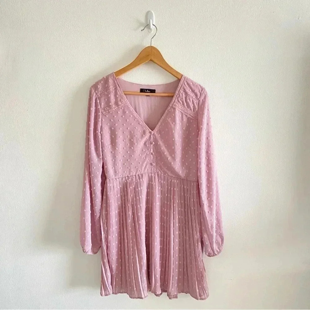 Lulus Poetic Love Mauve Swiss Dot Long Sleeve‎ Pleated Mini Dress - Picture 2 of 13